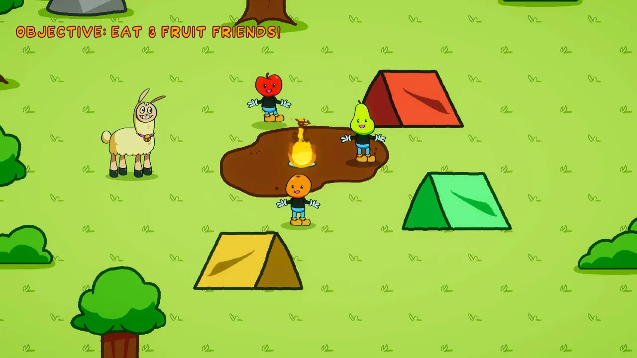 Lamu stands near a campfire where three smiling fruit-headed people wait, under the objective Eat 3 fruit friends