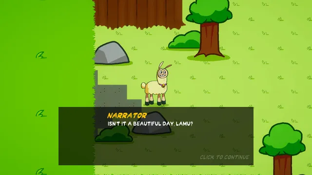 Lamu, a cream llama with a grinning face and a bell collar, in a bright cartoon forest as the narrator asks if it is a beautiful day