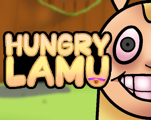 Hungry Lamu title art: rounded yellow letters beside the wide-eyed, grinning face of Lamu the llama