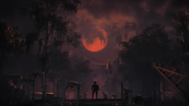 Hunt: Showdown 1896 screenshot: a hunter stands on a wooden dock under a blood-red moon, with shambling figures around him and a church steeple behind