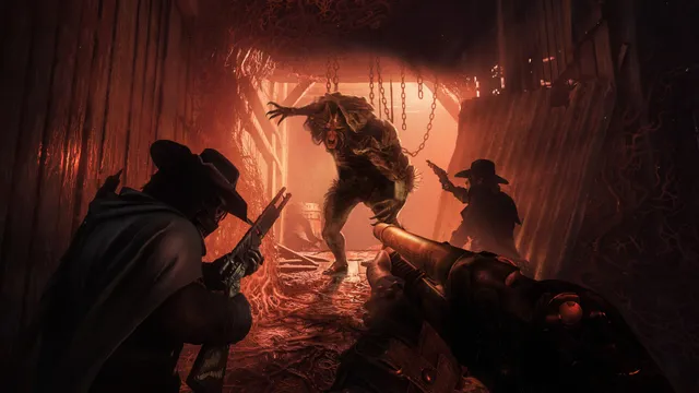 Hunt: Showdown 1896 screenshot: a clawed, hunched monster lunges down a red-lit corridor overgrown with veins as two hunters and the player aim shotguns at it