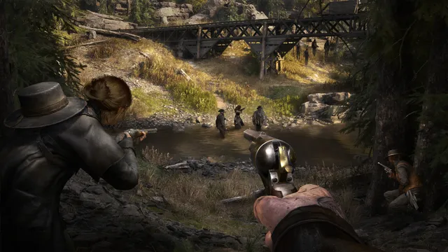 Hunt: Showdown 1896 screenshot: from cover in the trees, the player and a teammate aim a revolver and rifle at three rival hunters wading through a creek under a bridge