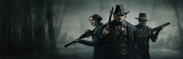 Hunt: Showdown 1896 key art: three hunters with a rifle, revolver and shotgun stand in a foggy swamp forest as monstrous figures shamble behind them