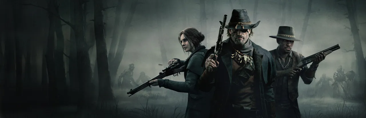 Hunt: Showdown 1896 key art: three hunters with a rifle, revolver and shotgun stand in a foggy swamp forest as monstrous figures shamble behind them