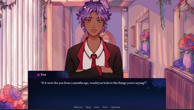 Hydrangea screenshot: Yuu, in a school blazer with arms crossed, in a flower-filled hospital corridor