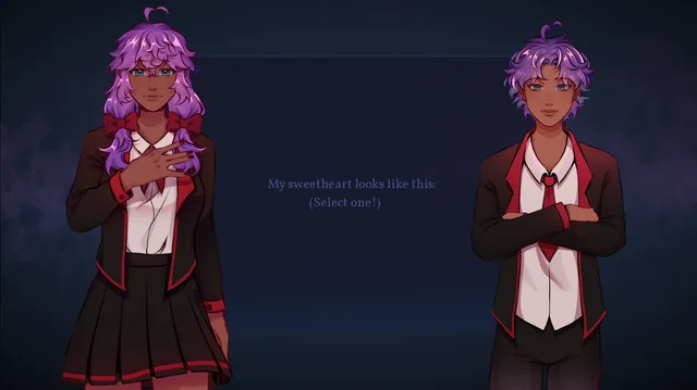 Hydrangea screenshot: the choice of how your sweetheart looks, Yua or Yuu, side by side in school uniform