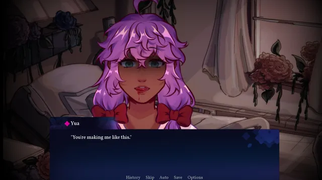 Hydrangea screenshot: Yua, with purple hair and red bows, in a dim hospital room among wilted hydrangeas, blood at her lip, saying You're making me like this