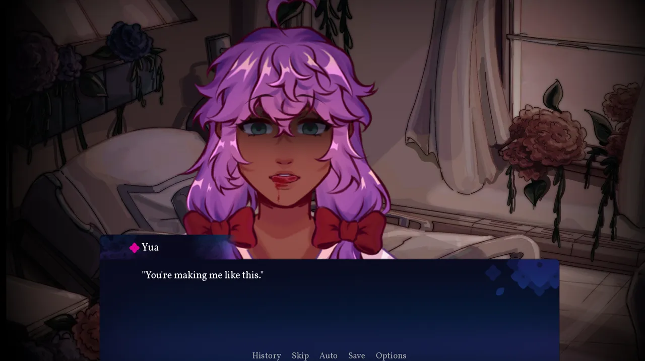 Hydrangea screenshot: Yua, with purple hair and red bows, in a dim hospital room among wilted hydrangeas, blood at her lip, saying You're making me like this