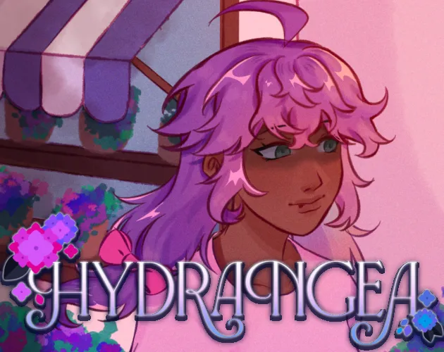 Hydrangea title art: the purple-haired sweetheart glancing aside under a striped awning, above the ornate title and hydrangea flowers
