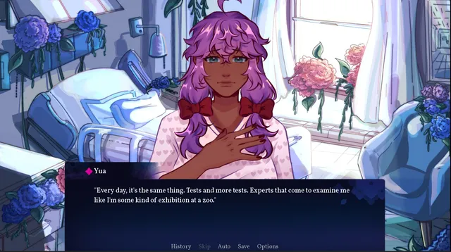 Hydrangea screenshot: Yua sits in a bright hospital bed surrounded by blue and pink hydrangeas, complaining of endless tests