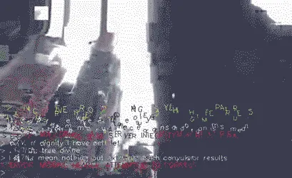 I AM NOT WHAT REMAINS cover: a grey street scene smeared and broken into datamoshed blocks, with scrambled coloured text and error messages piled over it