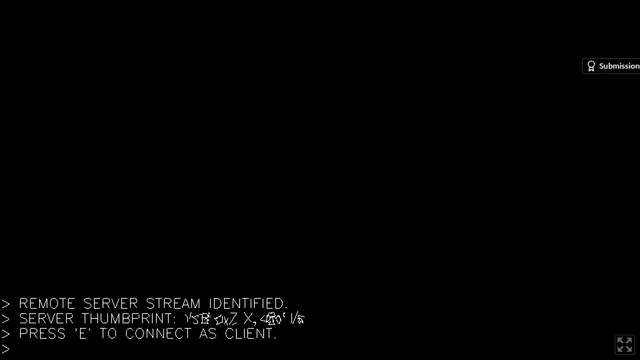 I AM NOT WHAT REMAINS opening screen: white terminal text on black reads remote server stream identified, a garbled server thumbprint, and press E to connect as client