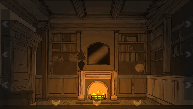 I Can't Sleep screenshot: a dim wood-panelled room with a fire burning in the fireplace between tall bookshelves