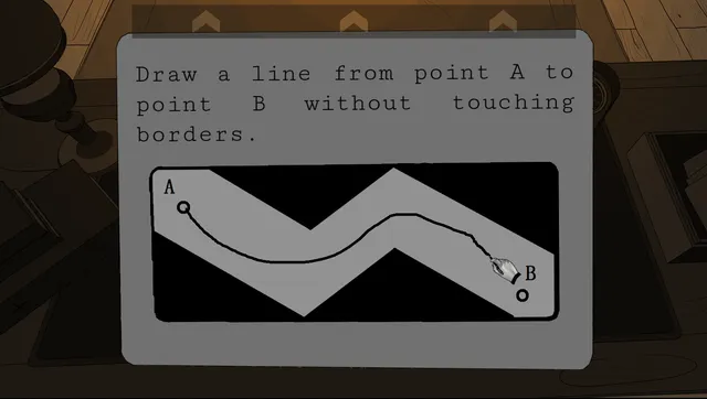I Can't Sleep screenshot: a task card asking you to draw a line from point A to point B without touching the borders