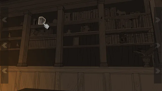 I Can't Sleep screenshot: a hand cursor picks an object from dark bookshelves