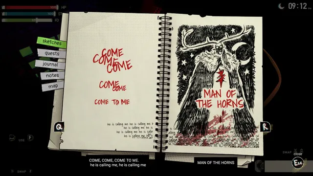 An open sketchbook in the game's menu: COME TO ME scrawled in red beside an ink drawing labelled Man of the Horns, a horned figure under a crescent moon