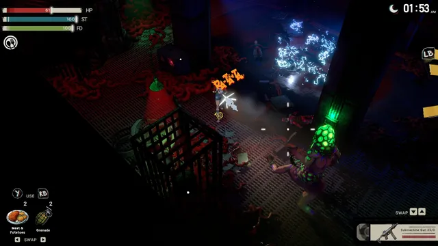The heroine fires a submachine gun with a comic RA-TA-TA sound effect at a creature with a glowing green growth for a head, on a dark metal walkway strewn with red tendrils