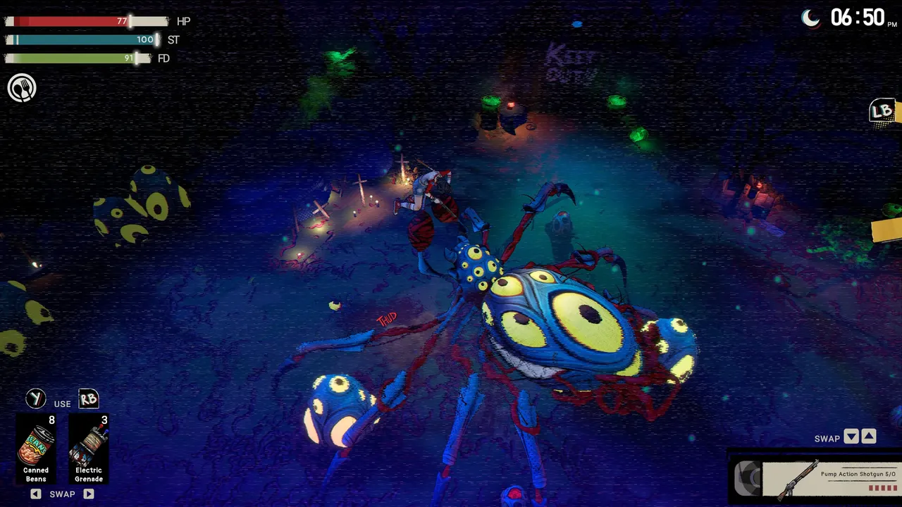 I Hate This Place gameplay seen from above at night: the heroine with an axe faces a huge blue spider-like creature with many yellow eyes in a dark graveyard clearing