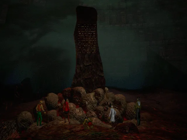 The five prisoners stand on red rocks before a tall dark monolith covered in glowing text