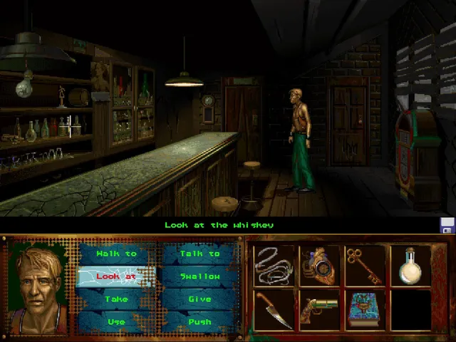 A man stands in a dim old saloon by a long bar, with the verb buttons and an inventory of a heart, keys, a knife and a pistol below