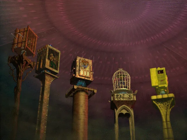Five cages of different shapes stand on tall pillars under a purple dome