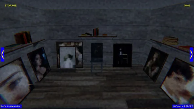 Camera view of a storage room full of portraits leaning against the walls