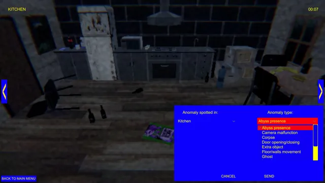 A grimy, littered kitchen on a blue-framed camera feed, with a report menu listing Abyss presence, Corpse and Ghost