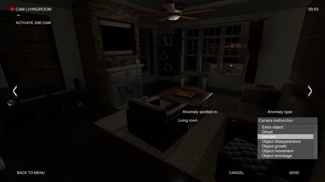 Security camera view of a dim living room with a fireplace and a chessboard, the anomaly report menu open with types such as Ghost, Intruder and Object movement