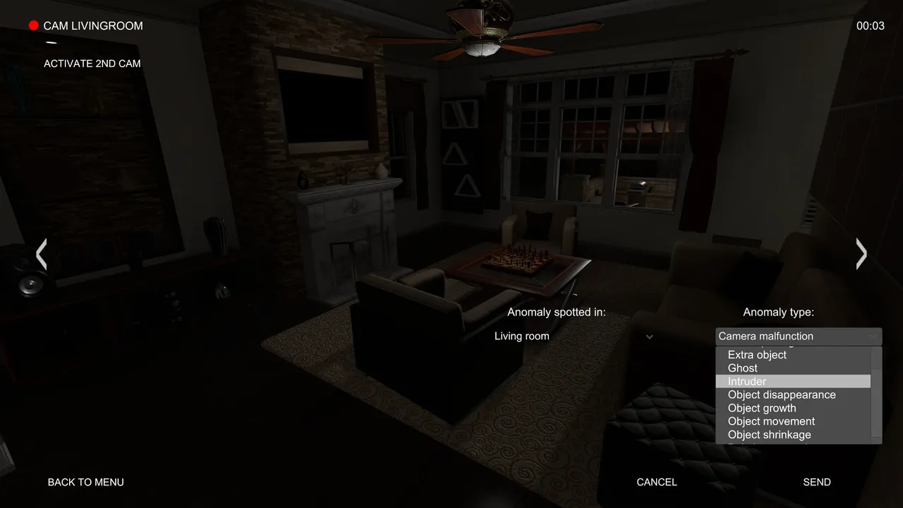 Security camera view of a dim living room with a fireplace and a chessboard, the anomaly report menu open with types such as Ghost, Intruder and Object movement