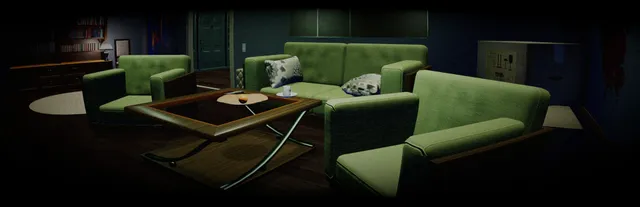 A dark living room with green sofas around a glass coffee table, seen from inside the house