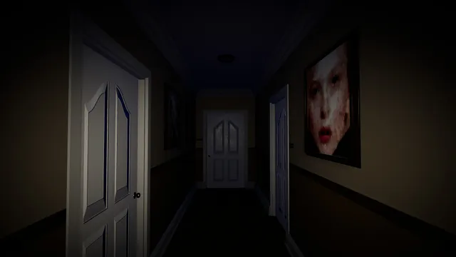 A dim hallway of white doors with a large portrait of a woman's face on the wall