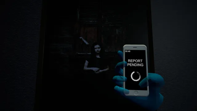 A gloved hand holds a phone reading Report pending in front of a framed picture of a pale, dark-haired girl in a dark room