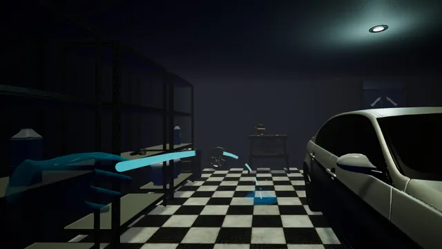 A garage with a chequered floor and a white car, seen in VR with blue glowing hands