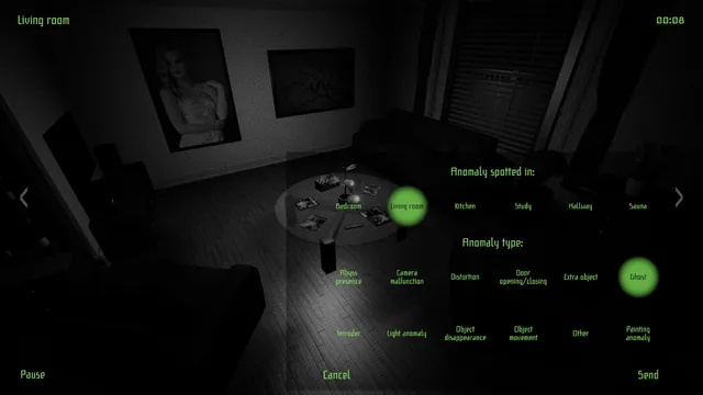 I'm on Observation Duty 4 screenshot: the anomaly report screen over a living room camera, with the room and the type Ghost selected
