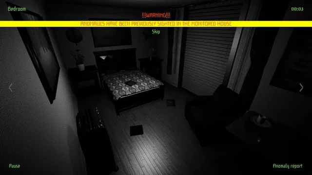 I'm on Observation Duty 4 screenshot: a bedroom camera at 00:03 with a warning that anomalies have been sighted in the house