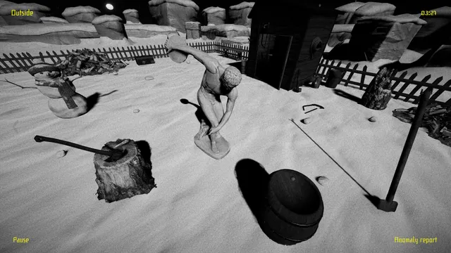 I'm on Observation Duty 4 screenshot: a snowy yard camera with a statue, an axe in a stump and a fence