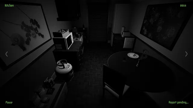 I'm on Observation Duty 4 screenshot: a dark kitchen seen from a ceiling camera, a report pending
