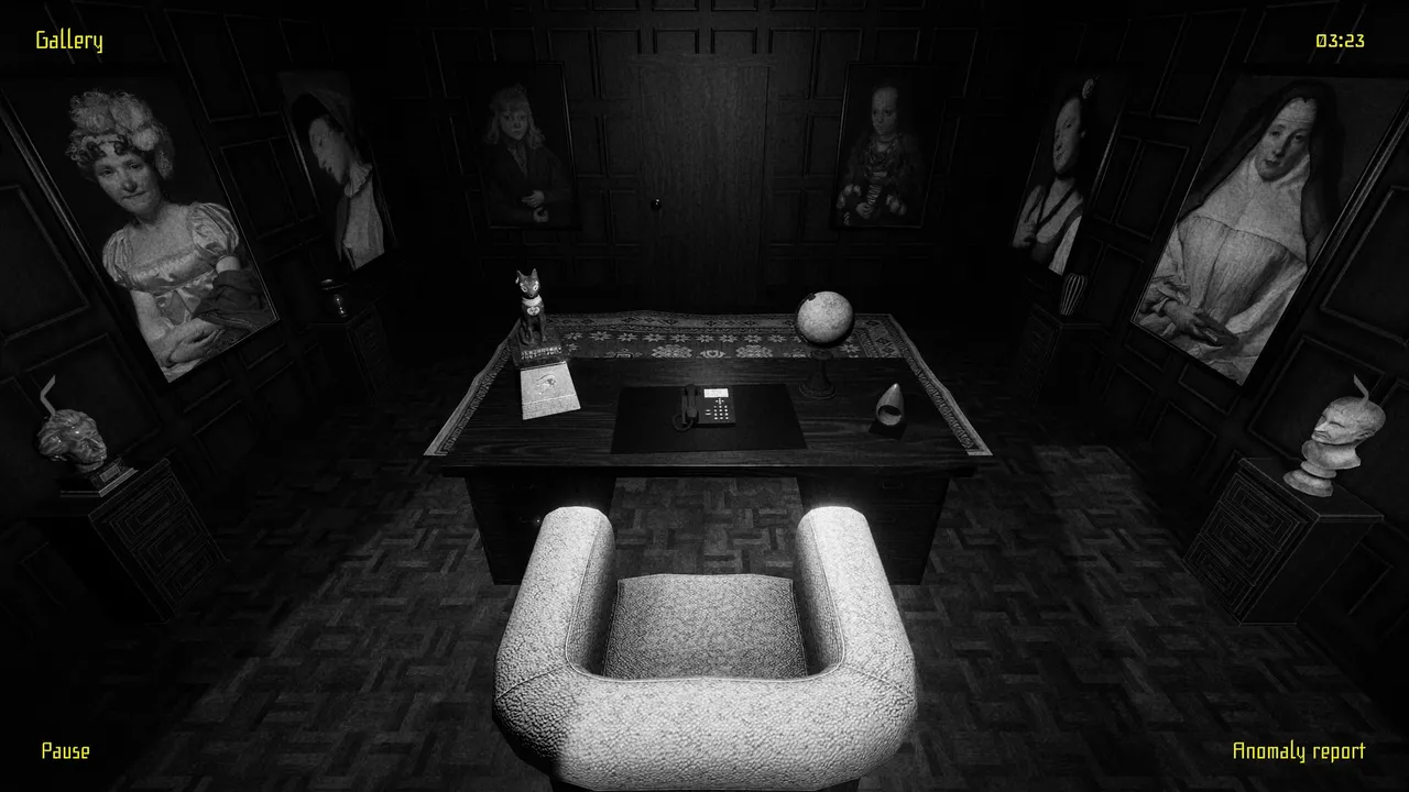 I'm on Observation Duty 4 screenshot: a black-and-white camera view of a dark gallery with portraits on every wall and a desk with a telephone