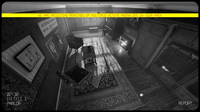 I'm on Observation Duty 5 screenshot: the anomaly report menu over a living room camera view, listing the house's rooms