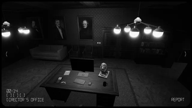 I'm on Observation Duty 5 screenshot: a camera view of a director's office with portraits on the wall