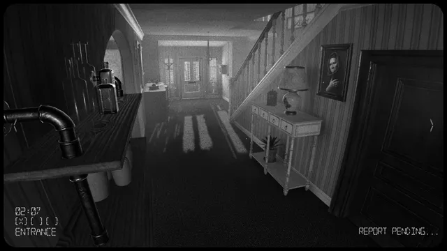 I'm on Observation Duty 5 screenshot: a black-and-white camera view of a house entrance hall and staircase, with a timestamp and report button