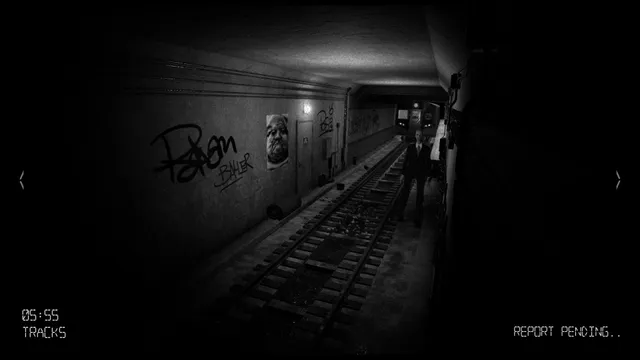 I'm on Observation Duty 5 screenshot: a dark camera view of subway tracks with a figure in a suit standing by the wall
