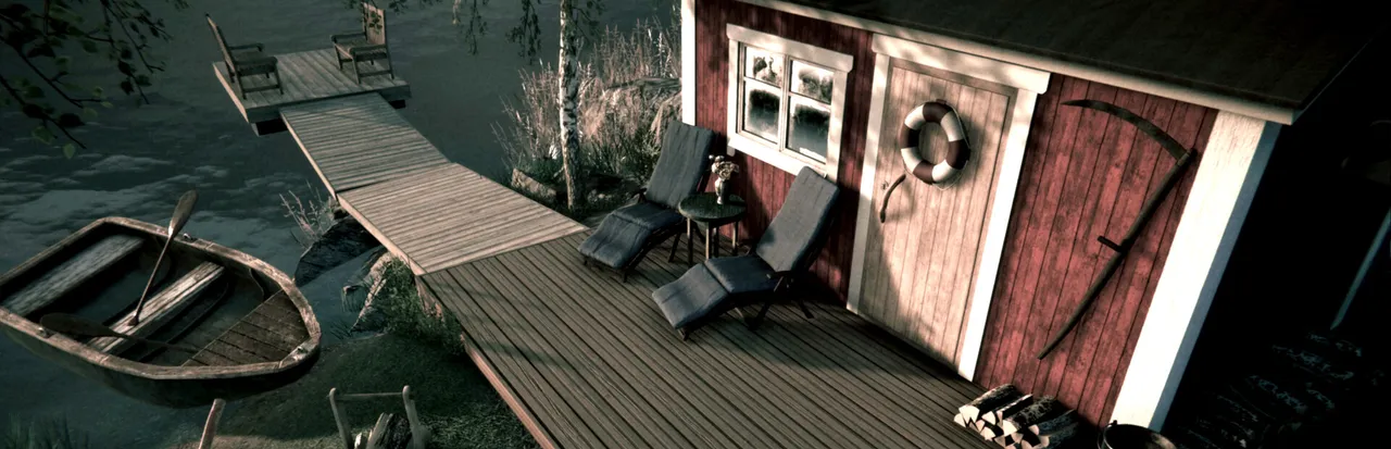 A security camera view of a lakeside cottage with a red wall, a sauna door, deck chairs and a rowing boat by a wooden dock