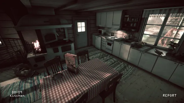 Camera view of a cottage kitchen with a checked tablecloth and a fire burning in the stove