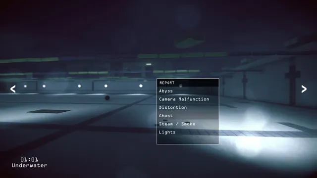An underwater camera feed with the report menu open, listing anomaly types such as Abyss, Ghost and Distortion