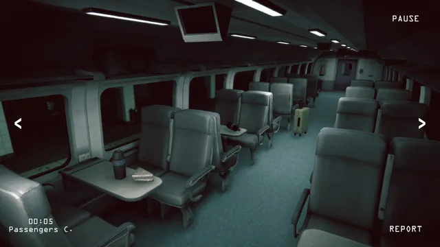 Camera view of an empty night train carriage with seats, tables and luggage