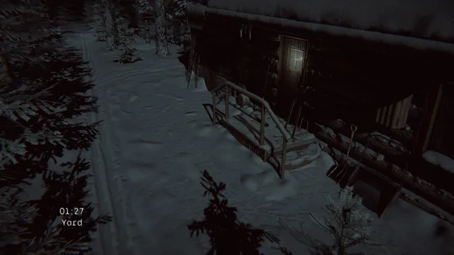 Camera view of a snowy yard by a wooden house at night