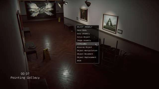 Camera view of a painting gallery with the anomaly menu open, listing Dead Body, Door Anomaly, Intruder and other types