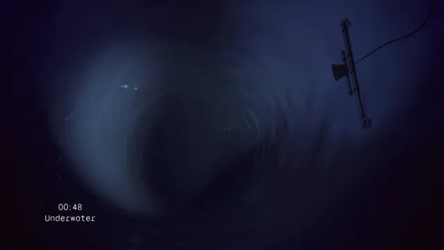 A murky underwater camera feed with a swirl in the dark water