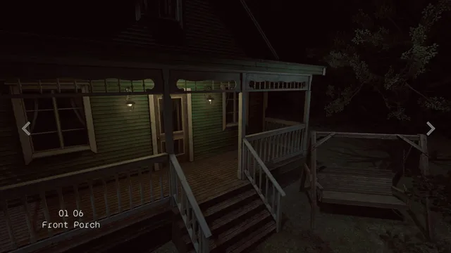 Camera view of a wooden house's front porch and steps at night